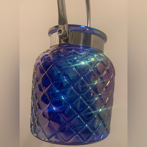Blue Opalescent Patterned Glass Lantern/Vase W Silver Metal Band & Handle 6.5” - Picture 9 of 13
